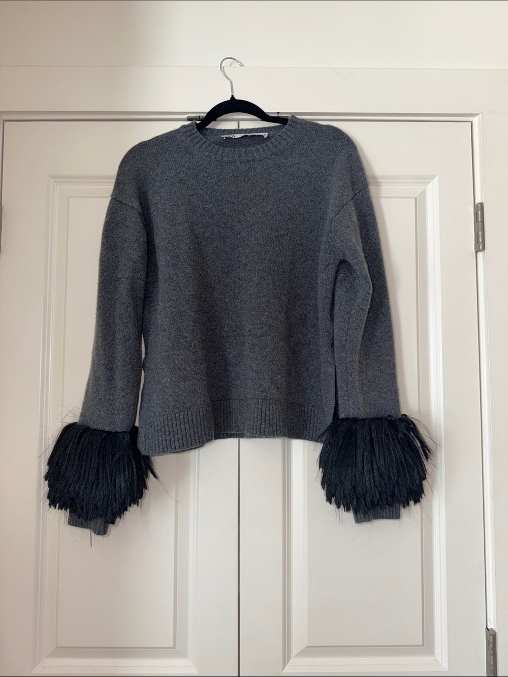 Zara Charcoal Gray Sweater with Black Feathered Cuffs